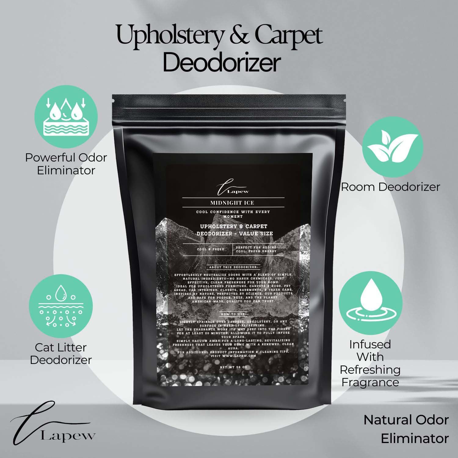 Midnight Ice Carpet Freshener Powder Refill 36 oz | Powerful Odor Eliminator for Home | Upholstery Deodorizer | Carpet Deodorizer | Pet Urine | Cat Litter Box | Black Ice Fragrance