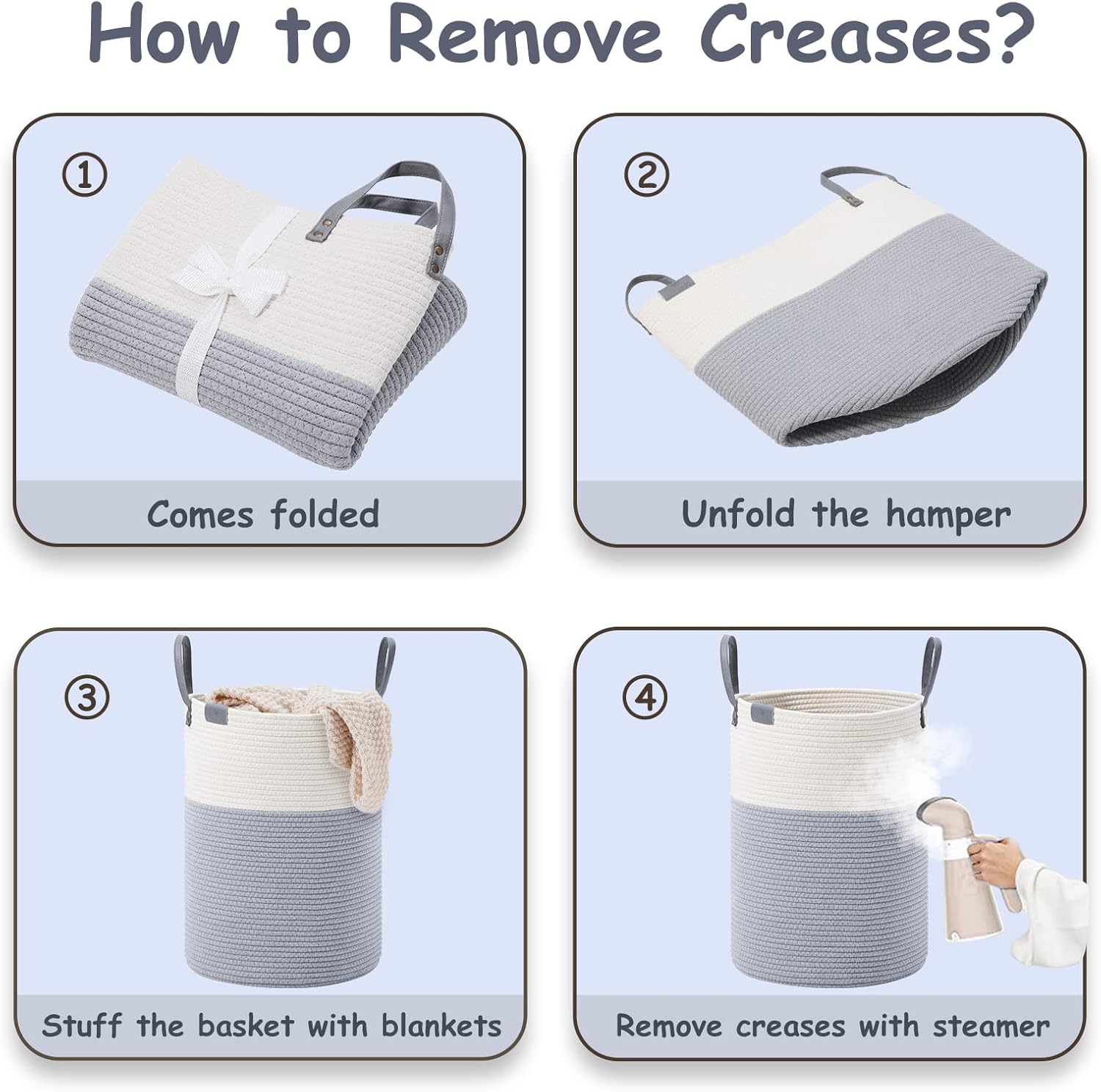 VIPOSCO Tall Laundry Basket, Large Dirty Clothes Hamper with Leather Handle, Woven Rope Storage Basket for Blanket, Toy In Living Room, Bathroom, Bedroom - 72L Grey & White