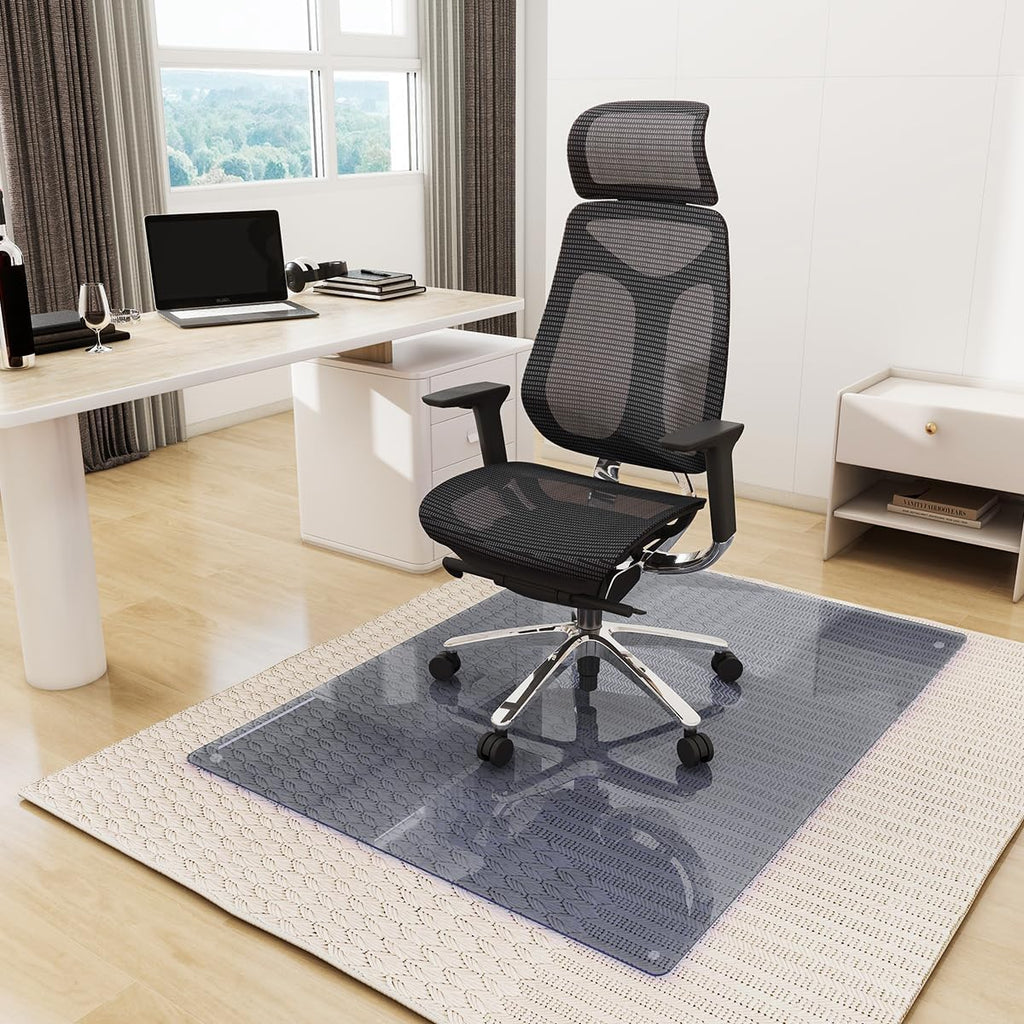 Tempered Glass Floor Mat for Office Chair, 36" x 46" Heavy Duty Hard Office Chair Mat, for Carpeted or Hard Floor, with 4 Anti-Slip Pads, Grey