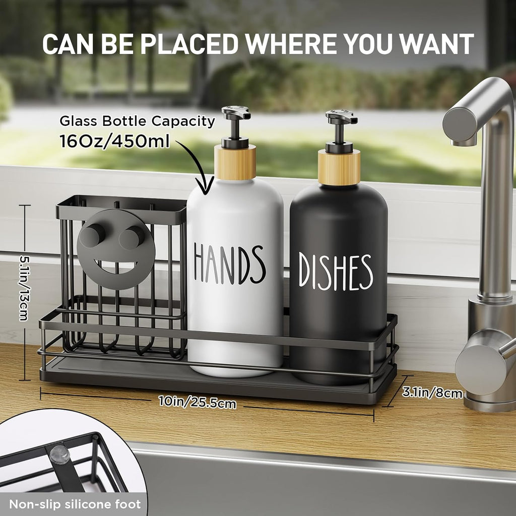 Moforoco Kitchen Dish Soap Dispenser Set, 16OZ Glass Bottle, Hand and Dish Soap Dispenser Set, Instant Dry Tray, Non-Slip Silicone Pad, Brush Holder with Smiley Face Sponge Holder, Kitchen Decor