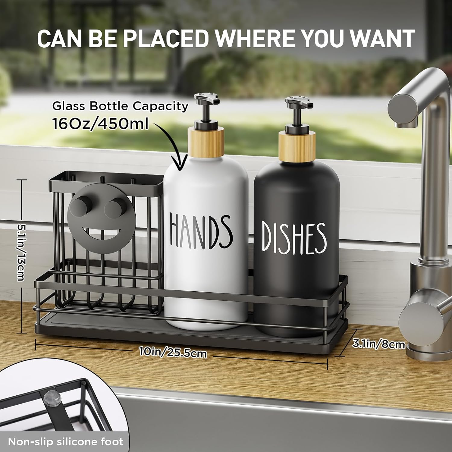 Moforoco Kitchen Dish Soap Dispenser Set, 16OZ Glass Bottle, Hand and Dish Soap Dispenser Set, Instant Dry Tray, Non-Slip Silicone Pad, Brush Holder with Smiley Face Sponge Holder, Kitchen Decor