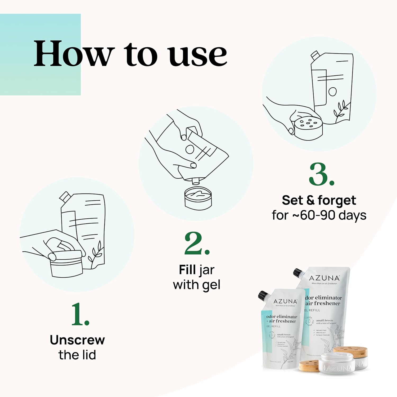 Azuna Air Freshener & Odor Eliminator for Strong Odor | 2 Room Kit Includes (2) 8 oz. Empty Luxe Glass Jars & 12 oz | Refill with Tea Tree Essential Oil Gel | Amalfi Breeze | Last 60-90 Days