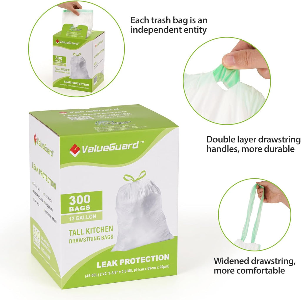 Large Trash Bag 13 Gallon Tall Drawstring 100% Post-Consumer Recycled Garbage Bag Waste Bag for Kitchen Office 0.8 Mil (300 Count)