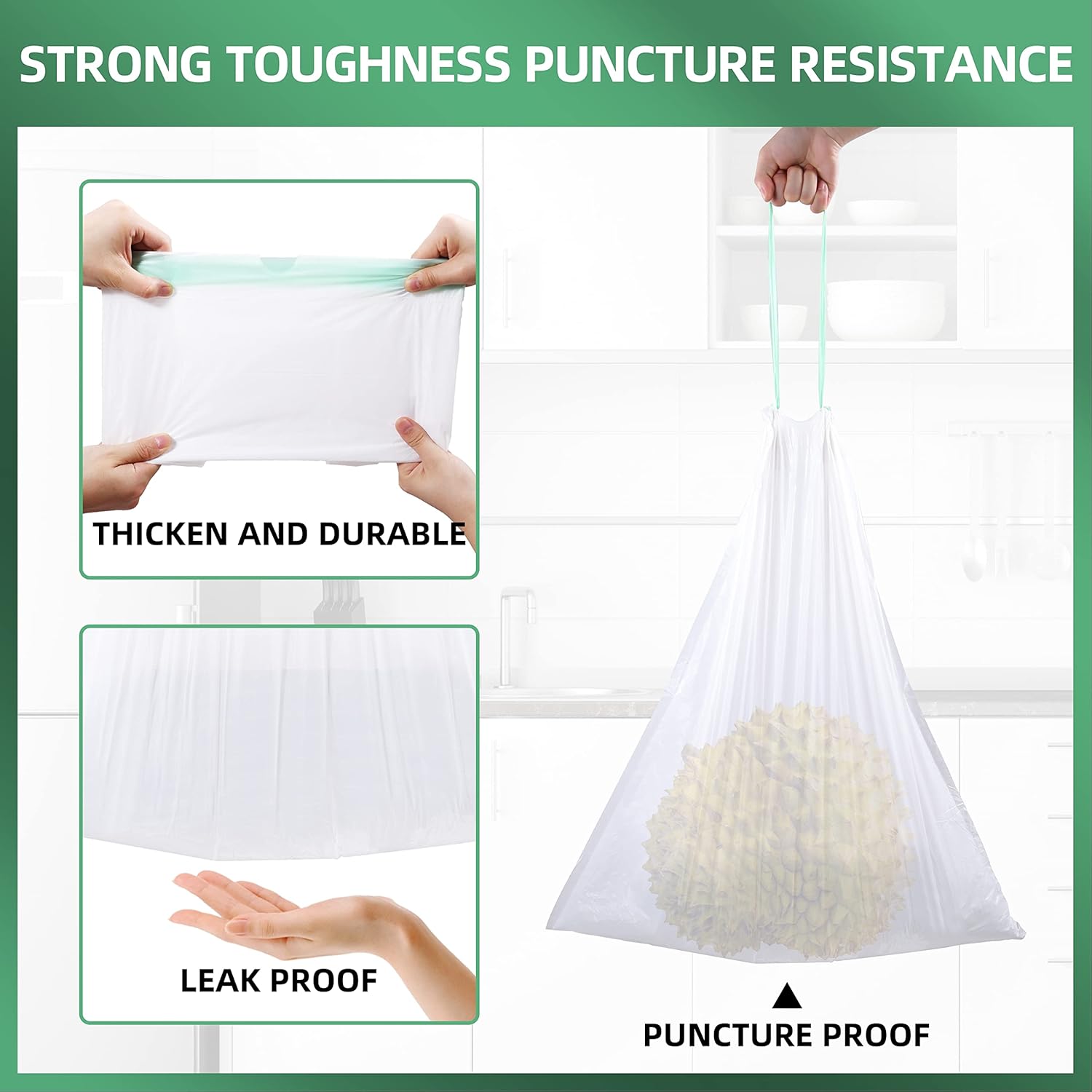 8 Gallon Trash Bag 120 Count, Unscented Strong Drawstring Garbage Bag Fit 30 Litter Trash Can, for Kitchen, Bathroom, Bedroom, Office ( Green )