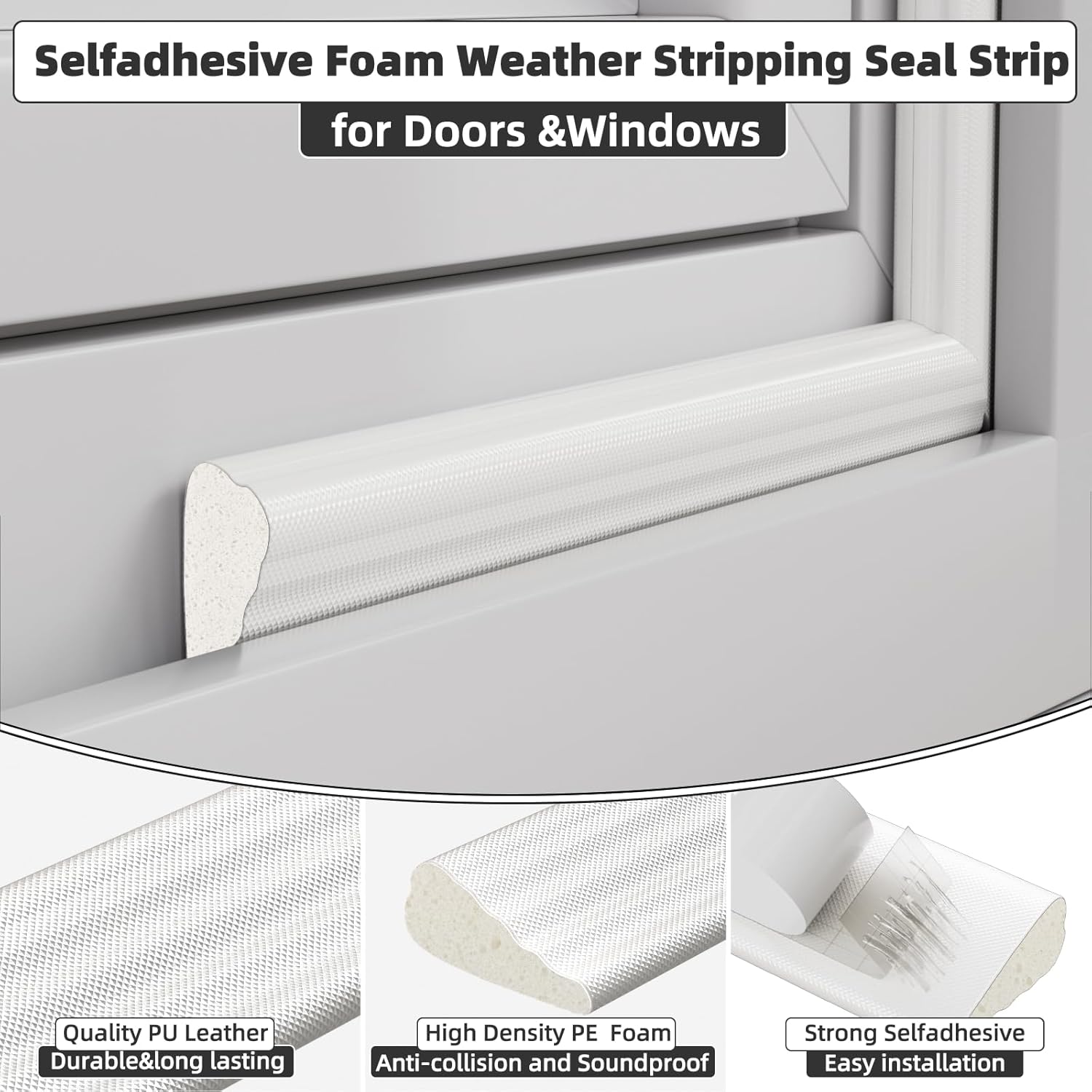 16.4 Ft Weather Stripping Seal Strip for Doors/Windows,Soundproofing Window Insulation Draft Stopper for Winter, Selfadhesive Foam Weather Strip for Door Frame,Door Gap Filler Noise Blocker(White)