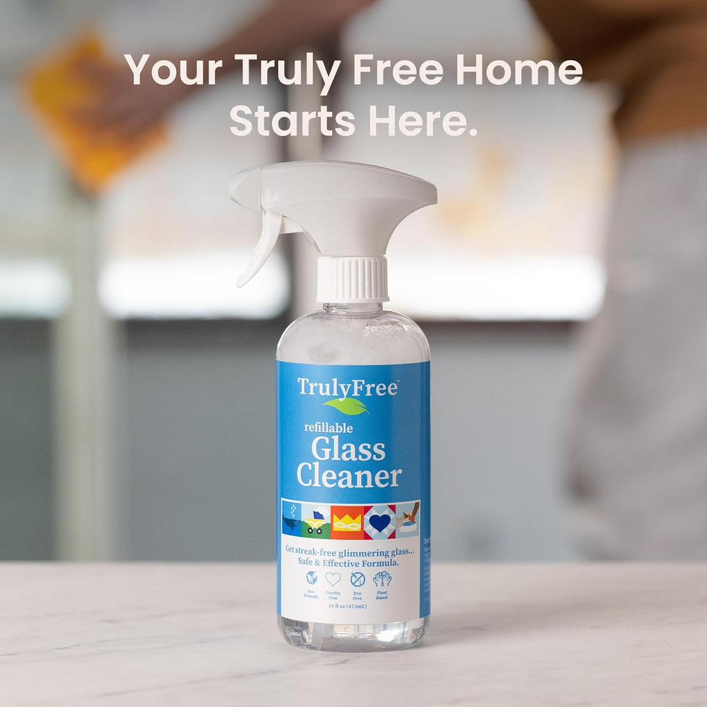 Truly Free Natural Glass Cleaner - Removes Dirt & Debris for Sparkling Clean Windows & Glass Surfaces at Home, Office & Garage, Includes: 1 Refillable Empty Bottle (16oz) & 2 Refills (3oz ea)