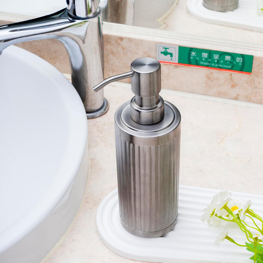 Modern Light Luxury Soap Dispenser with Funnel, Brushed Silver, 304 Stainless Steel, Metal Pump Hand Sanitizer Bottle for Bathroom and Kitchen (10.5 oz/300 ml)