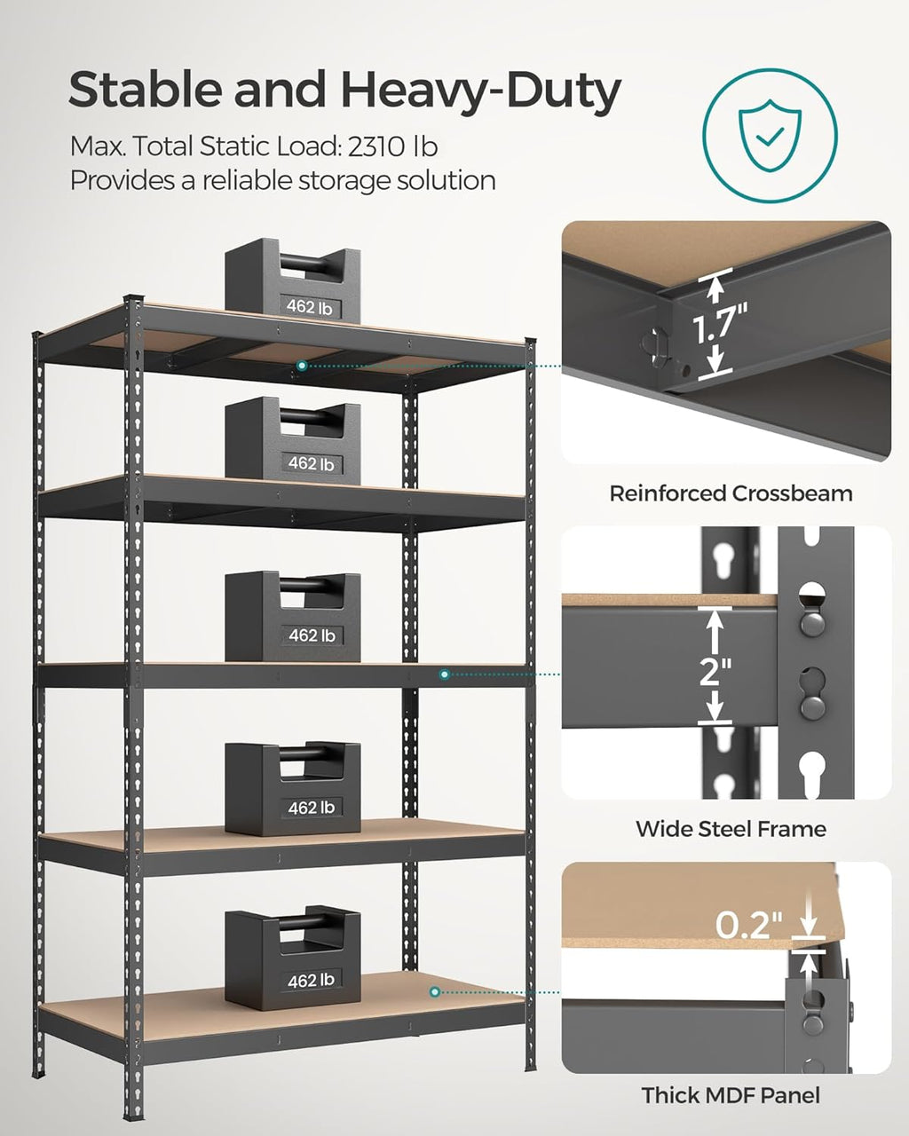 SONGMICS 5-Tier Storage Shelves, Load 2310 lb, Set of 2 Garage Storage, Boltless Assembly, Adjustable Shelving Unit, 23.6 x 47.2 x 70.9 Inches, for Study Shed Basement, Gray UGLR600G02