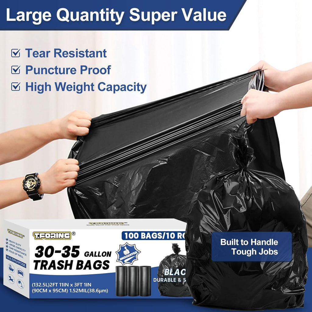 30-35 Gallon Trash Bags Heavy Duty 1.5 Mil - 35" x 37" 100 Count Large Black Garbage Bags 30+ Gallon Strong Plastic Trash Can Liners for Home Kitchen Commercial Lawn and Leaf