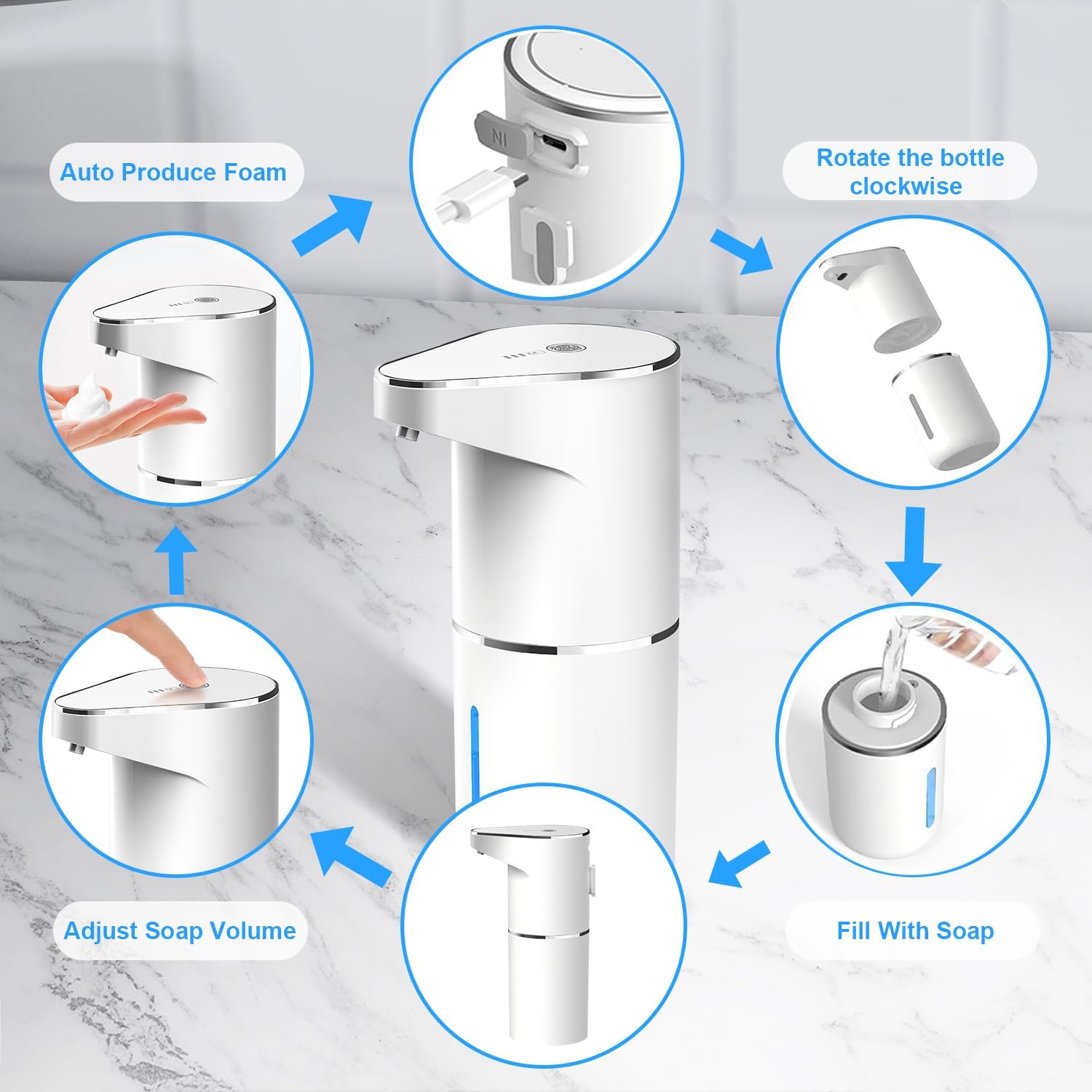 Automatic Foaming Soap Dispenser, Type C Rechargeable Hand Free Pump Soap Dispenser Electric Dispenser for Bathroom Countertop, Kitchen 350mL