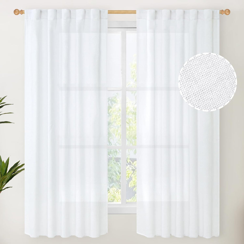 YoungsTex White Linen Semi Sheer Curtains 63 Inch Length for Short Window, Light Filtering Rod Pocket Drapes for Living Room Bedroom Office Rustic Country, 42 X 63 Inch, 2 Panels