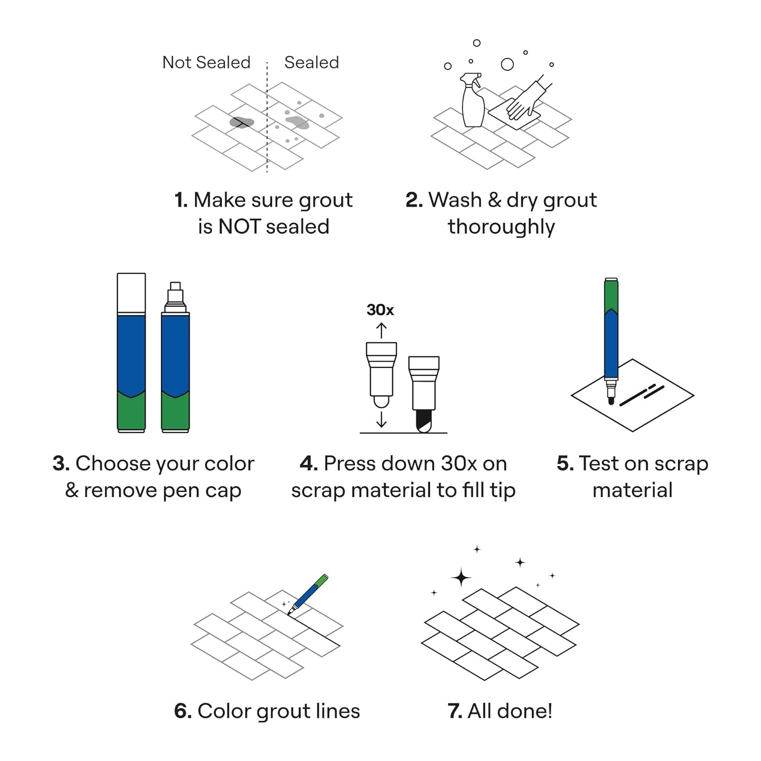 Grout Pen Grey Tile Paint Marker: Waterproof Grout Paint, Tile Grout Colorant and Sealer Pen - Narrow 5mm, 2 Pack with Extra Tips (7mL) - Grey