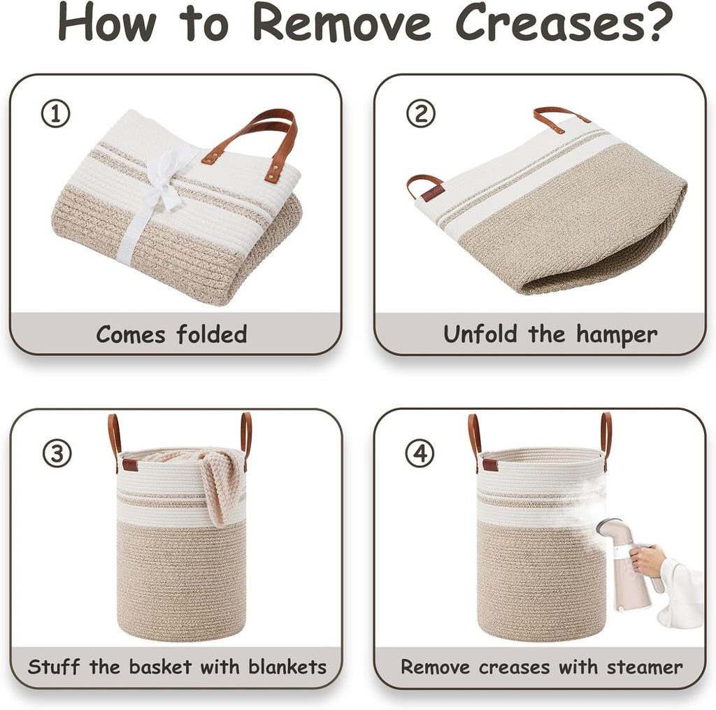 VIPOSCO Tall Laundry Basket, Large Dirty Clothes Hamper with Leather Handle, Woven Rope Storage Basket for Blanket, Toy In Living Room, Bathroom, Bedroom - 100L Brown & White