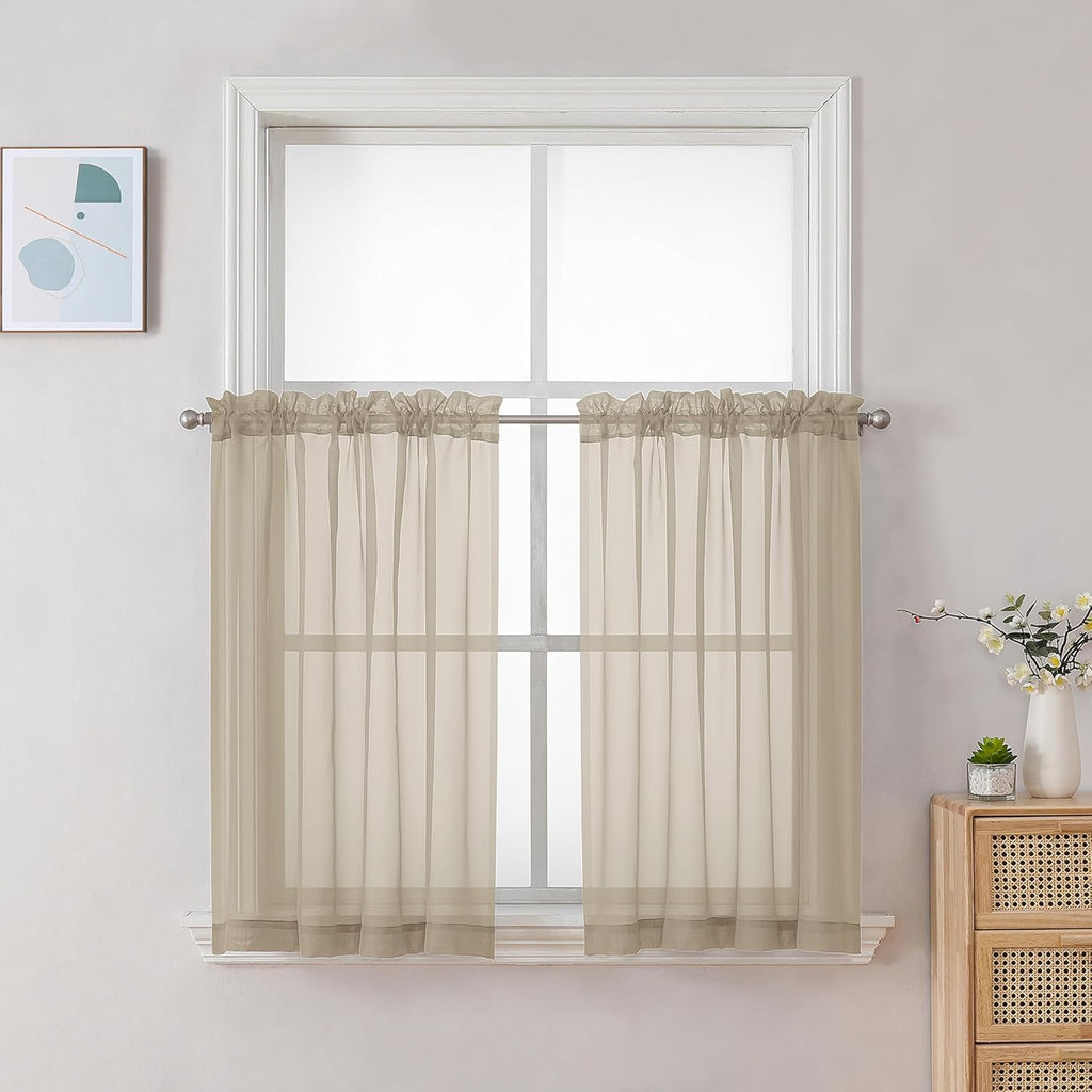 Chyhomenyc Taupe Sheer Curtains 30 inch Length 2 Panels, Light Filtering Voile Rod Pocket Short Window Curtians for Bathroom Living Room Farmhouse Small Windows, 42Wx30L inches