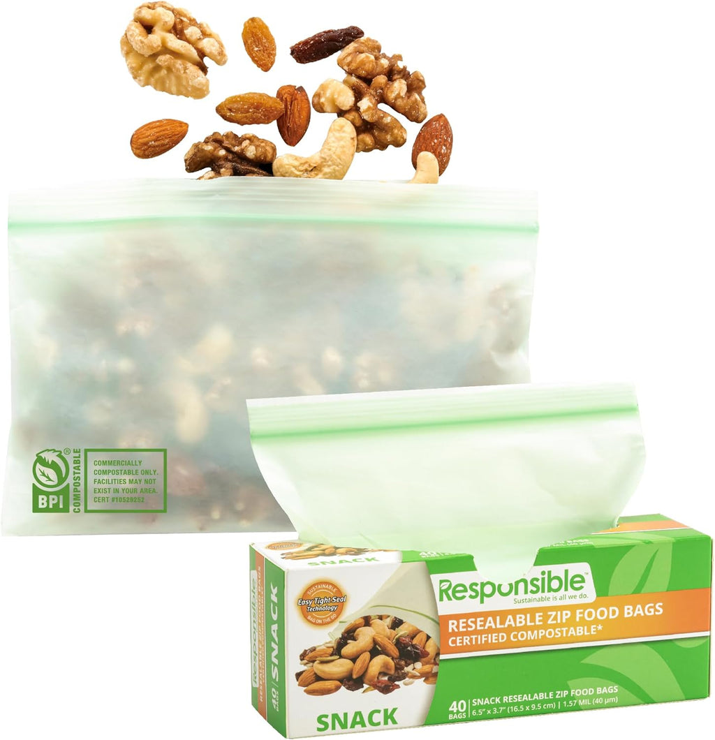 Responsible Products Certified Compostable SNACK Resealable Zip Bag, Extra Strength Food Bags, Plant-Based Freezer-Safe (40 Pack)