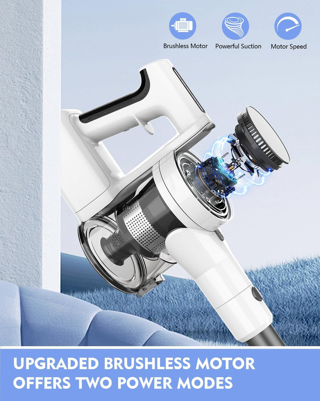 Cordless Vacuums, 80,000PRM Powerful Motor Vacuum Cleaner and 2200mAH Rechargeable Battery up to 35 Mins Worktime, 2 Adjustable Modes, Detachable Parts, Wireless Stick Vacuum (True White)