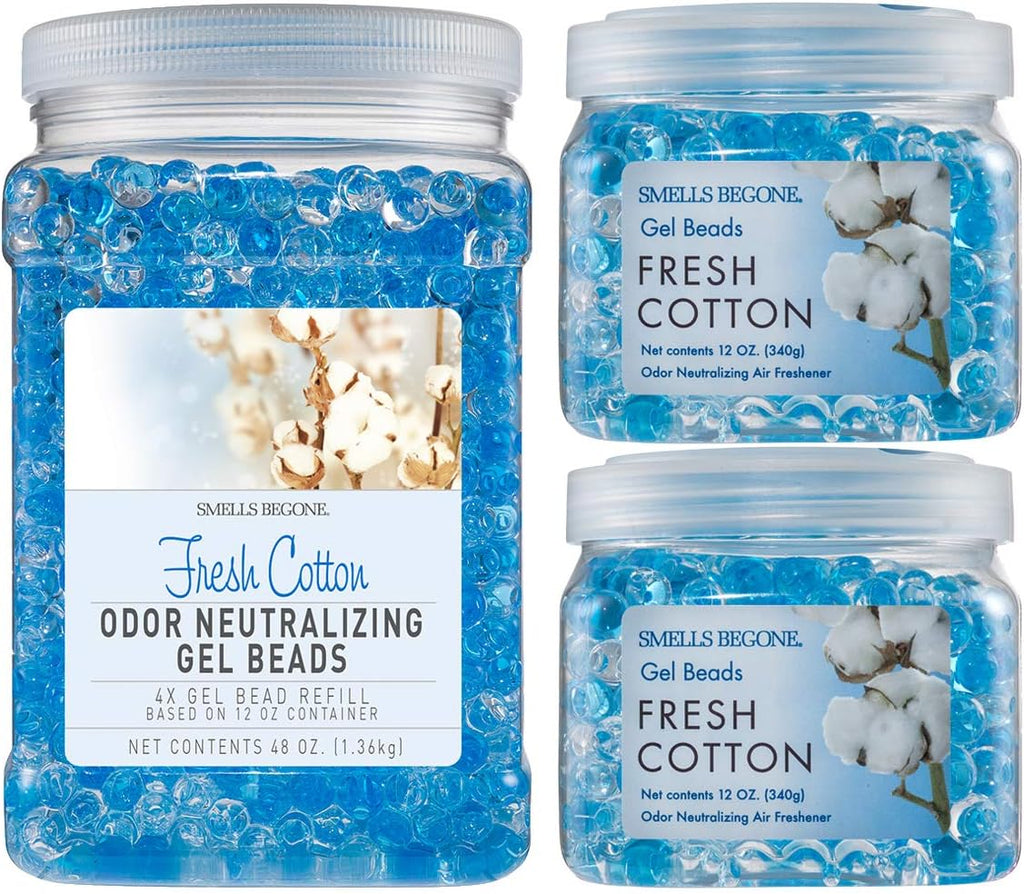SMELLS BEGONE Odor Eliminator Gel Bead Value Pack - 72 oz - Air Freshener - Made with Essential Oils - Eliminates Odors in Bathrooms, Pet Areas, Cars, & Boats - Fresh Cotton Scent