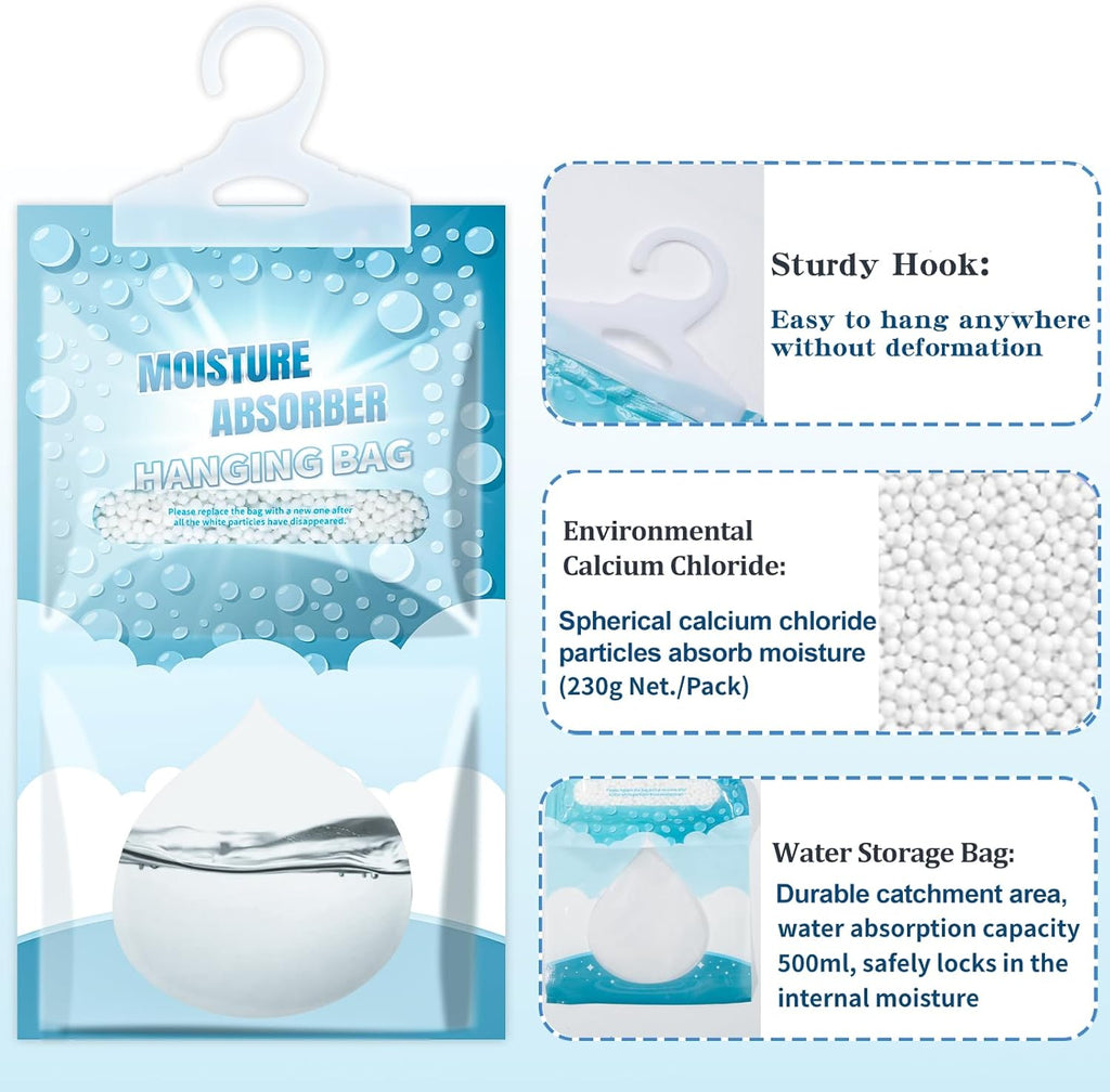 12 Pack Hanging Moisture Absorbers - Fagrance Free Dehumidifier Bags, 8.11 OZ, Removes Moisture & Odors, Humidity Absorber Packs for Closet Bedroom Kitchen