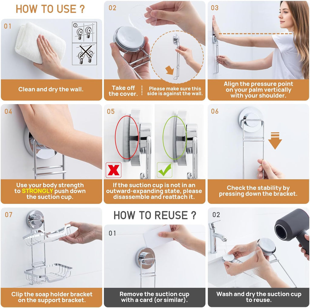 LEVERLOC 2 Tier Soap Holder, Soap Bar Dish for Shower Wall Mounted, Stainless Steel Suction Cup Sponge Holder for Bathroom Bathtub Kitchen Sink, Waterproof, Removable, Keep Dry, Silver