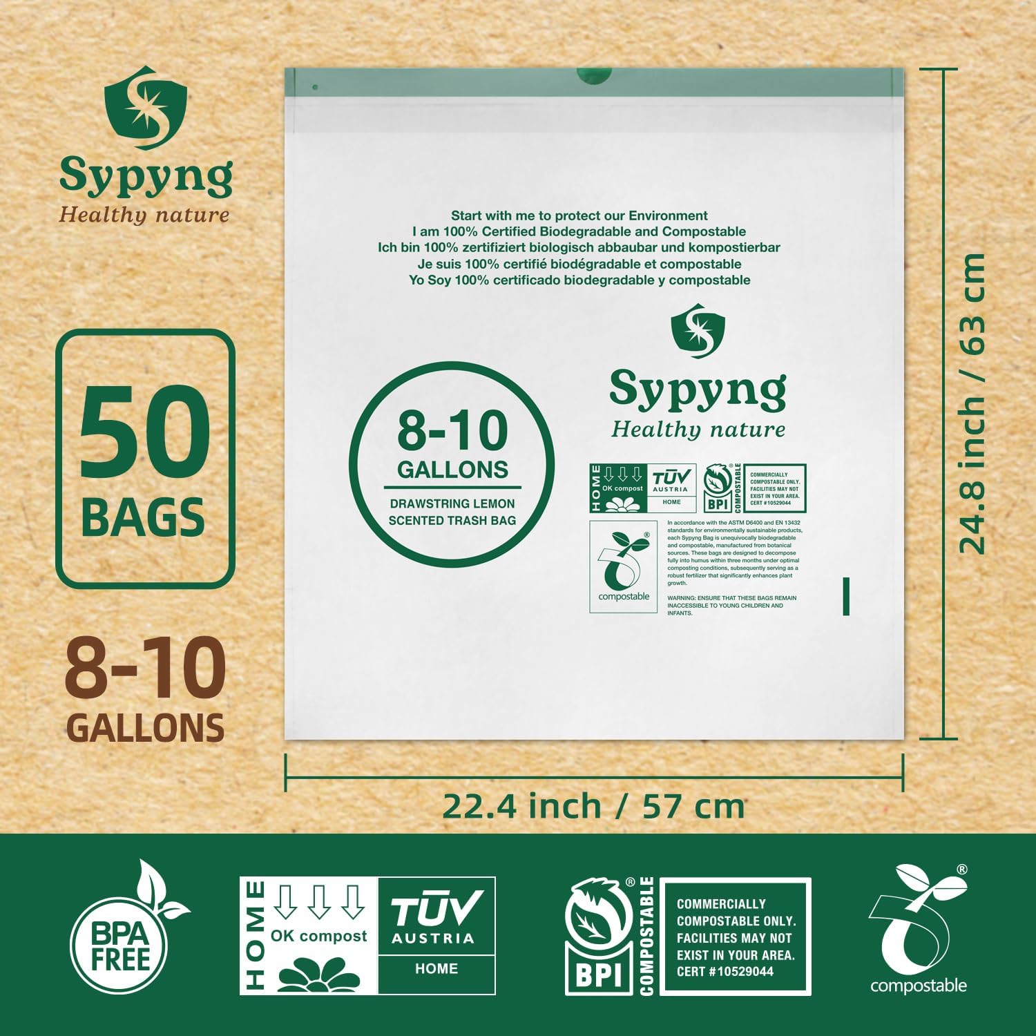 Compostable Kitchen Trash Bags 8-10 Gallon (50-Pack) – Heavy-Duty 1.1 Mil, 100% Biodegradable, ASTM D6400, BPI & OK Compost HOME Certified, Eco-Friendly, Leakproof & Odor Control