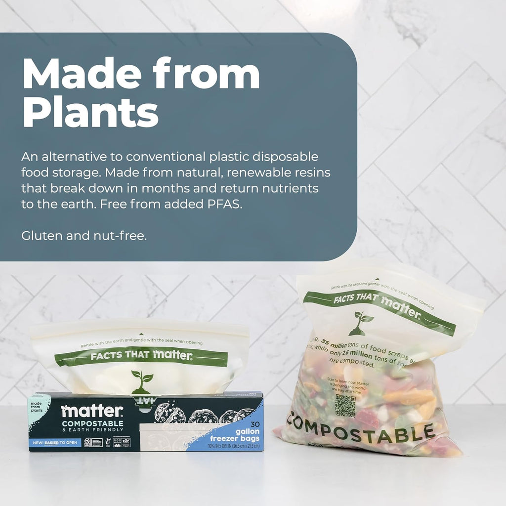 Matter Compostable Gallon Freezer Bags for Food Storage, Eco-Friendly, Resealable, Food Storage Bags, 30 Count
