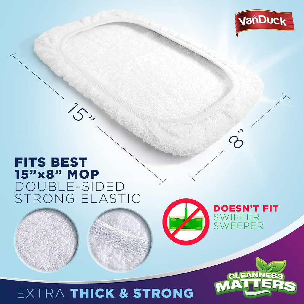 VanDuck 100% Cotton Terry Mop Pads 15x8 Inches 3-Pack, Terry Cloth Mop Covers (Handle is Not Included)