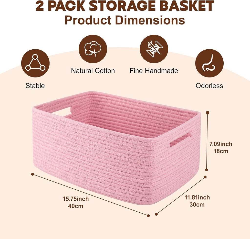OIAHOMY Storage Basket for Shelves, Closet Cube Storage Bins Baskets for Clothes Blanket Towels, Baby Nursery, Toy Baskets Box, Woven Rope Basket, 15.75*11.81*7.09 IN, 2 Packs Pink