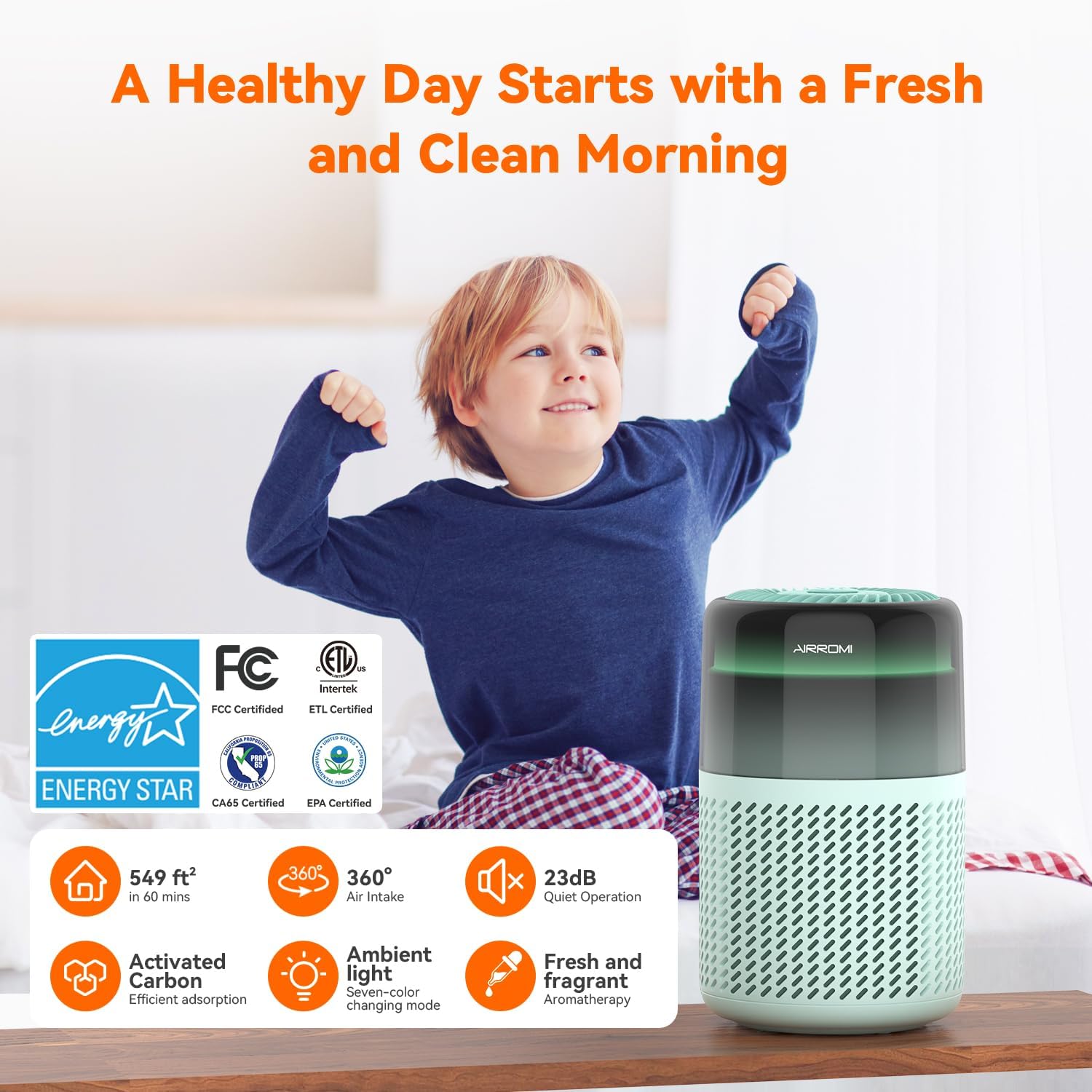 AIRROMI Air Purifier for Bedroom Home,HEPA Filter,Covers Upto 549 Ft²,Quiet 360°intake Air Cleaner with Fragrance ponge for Better Sleep,Night Light,Filters Smoke,Pet Dander,Allergies,Dust,A2005Turquo