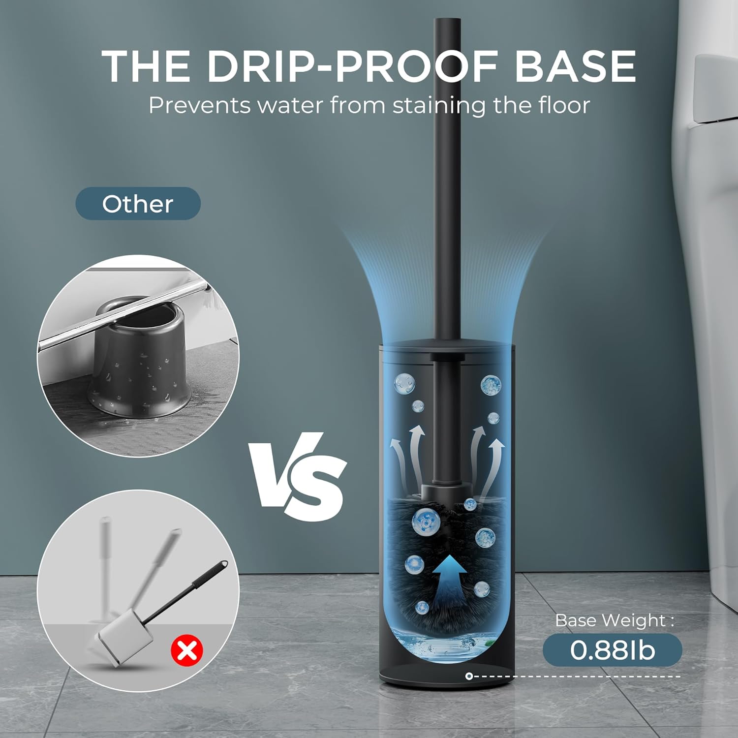 FORIOUS Toilet Brush and Holder Set Black, Heavy Duty 304 Stainless Steel Base and Long Handle Toilet Bowl Cleaners Brush, for Bathroom Storage and Organization, 2 Brush Head