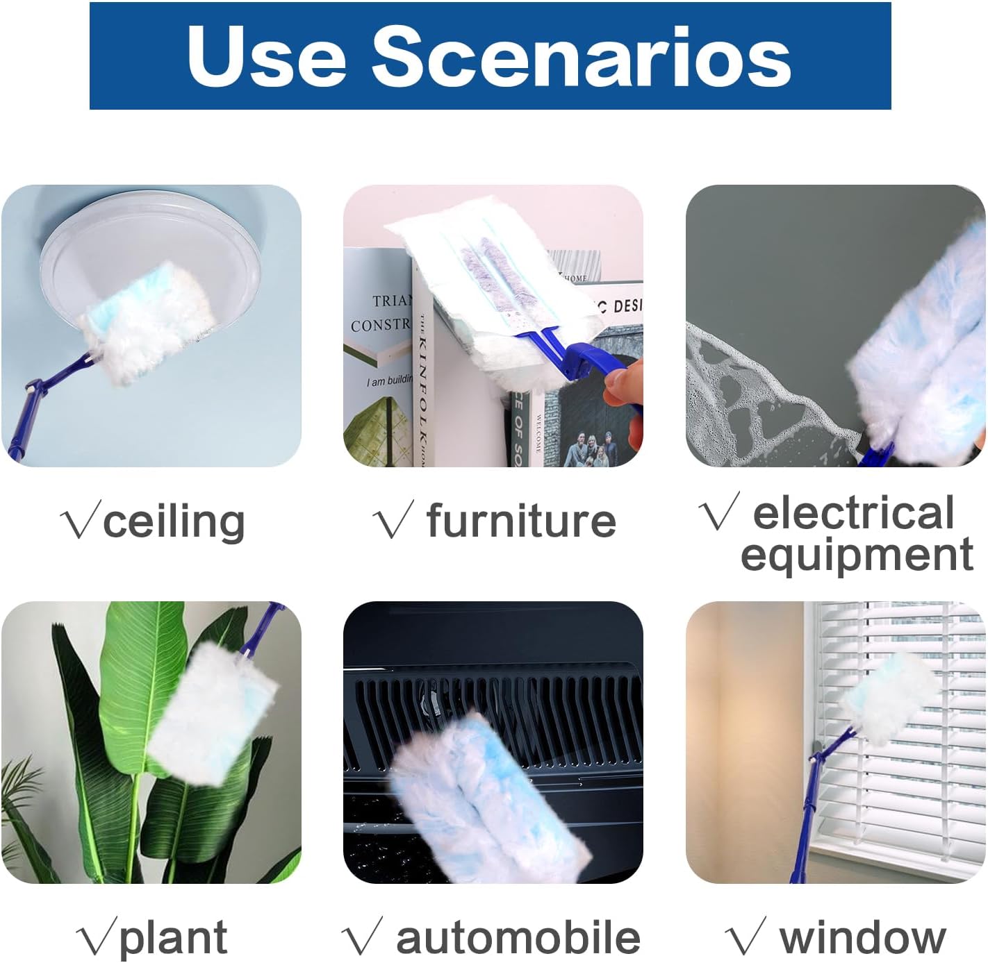 180° Dusters Multi Surface Duster Refills Kit Extender Handle (1 Long Handle to + 1 Short Handle + 15 Duster Refill)