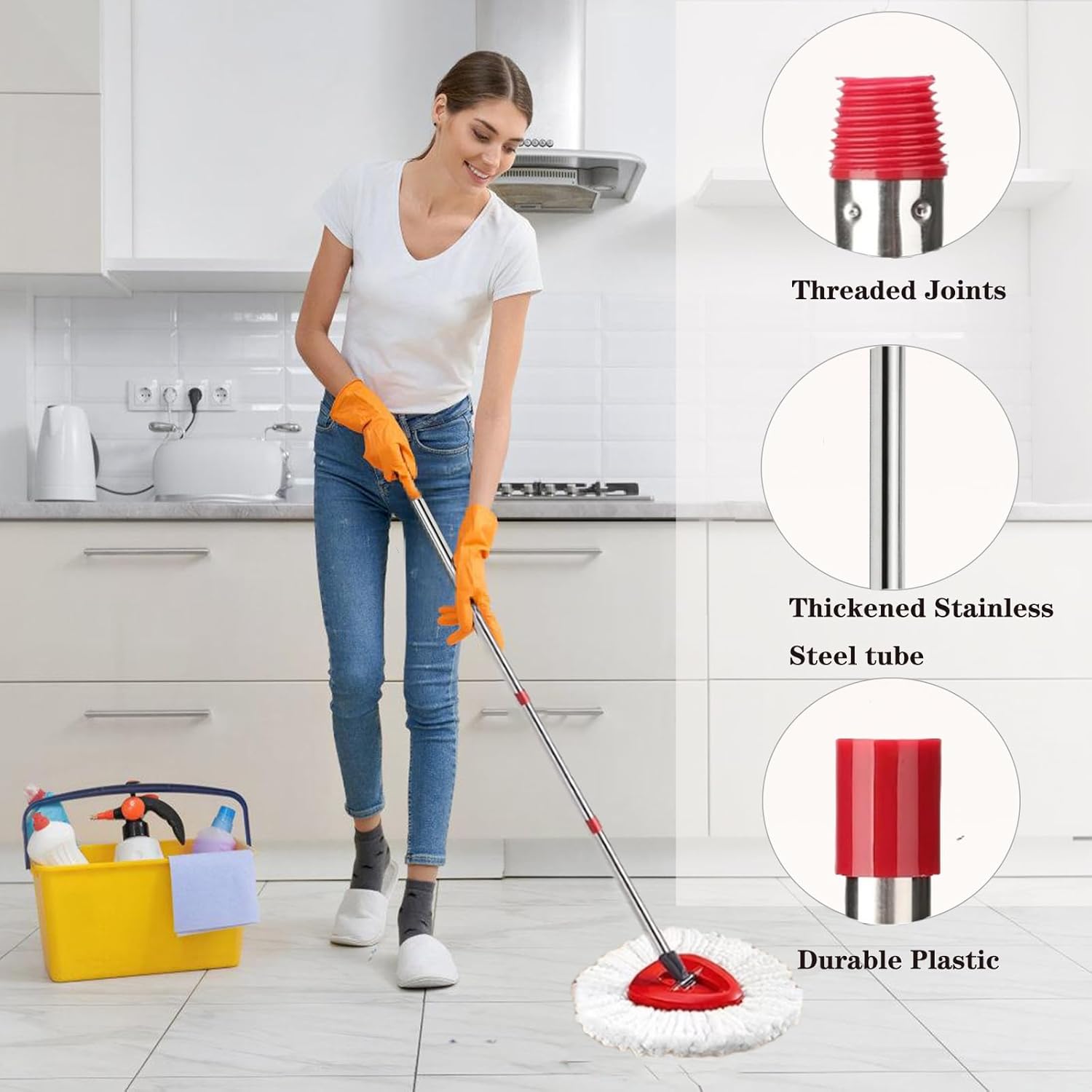 Spin Mop Replacement Head Mop Replace Head Compatible with O Cedar EasyWring Spin Mop - 4 O-Ceda Mop Refills、30-58in Mop Handle and 1 Mop Base Combo Set, 2white