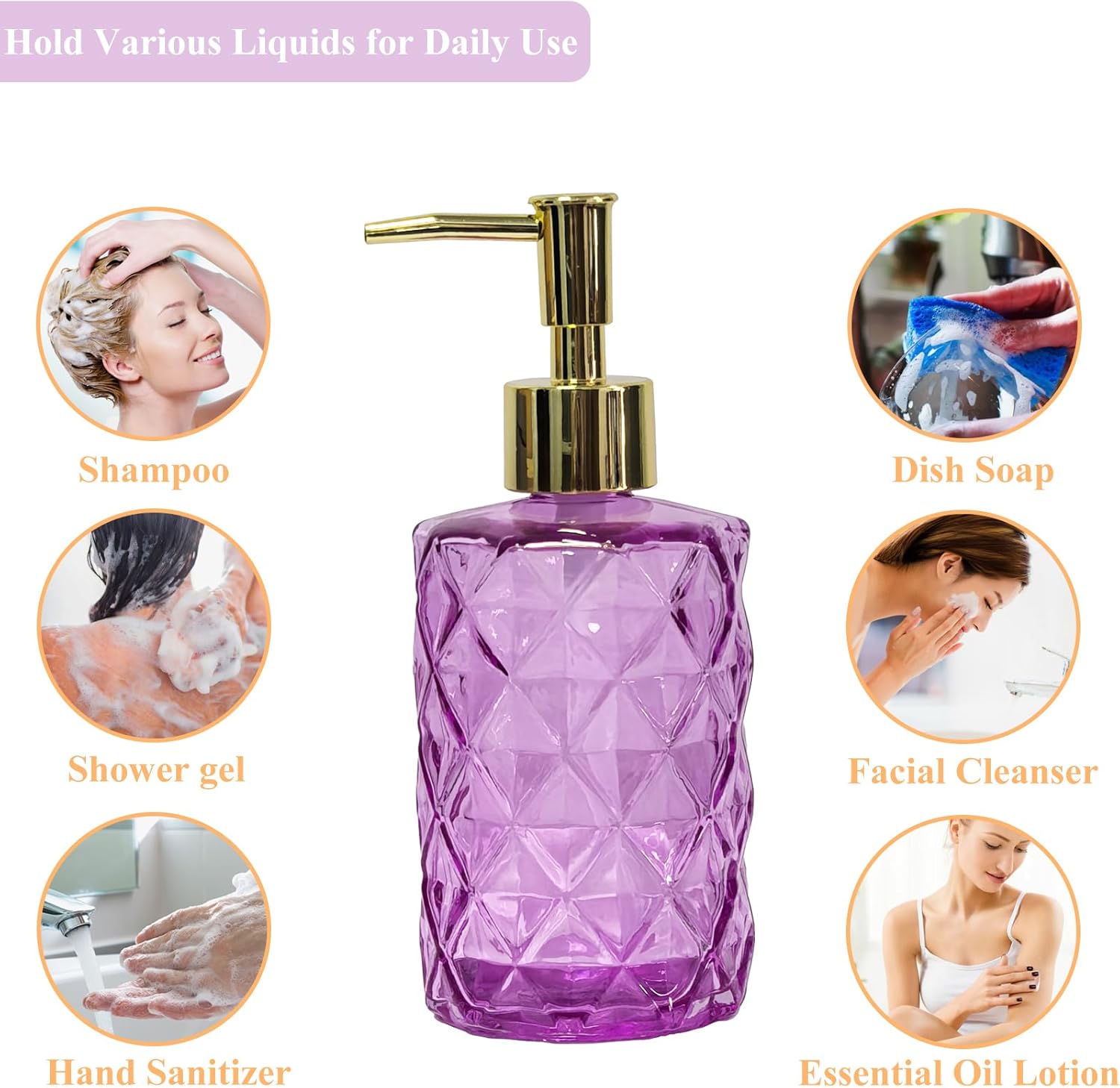 Glass Soap Dispenser with Gold Plastic Pump, 12oz Refillable Liquid Hand Soap Dispenser, Crystal Lotion Bottle for Modern Home Decor, Bathroom, Kitchen Countertop, Hotel(Rosy)