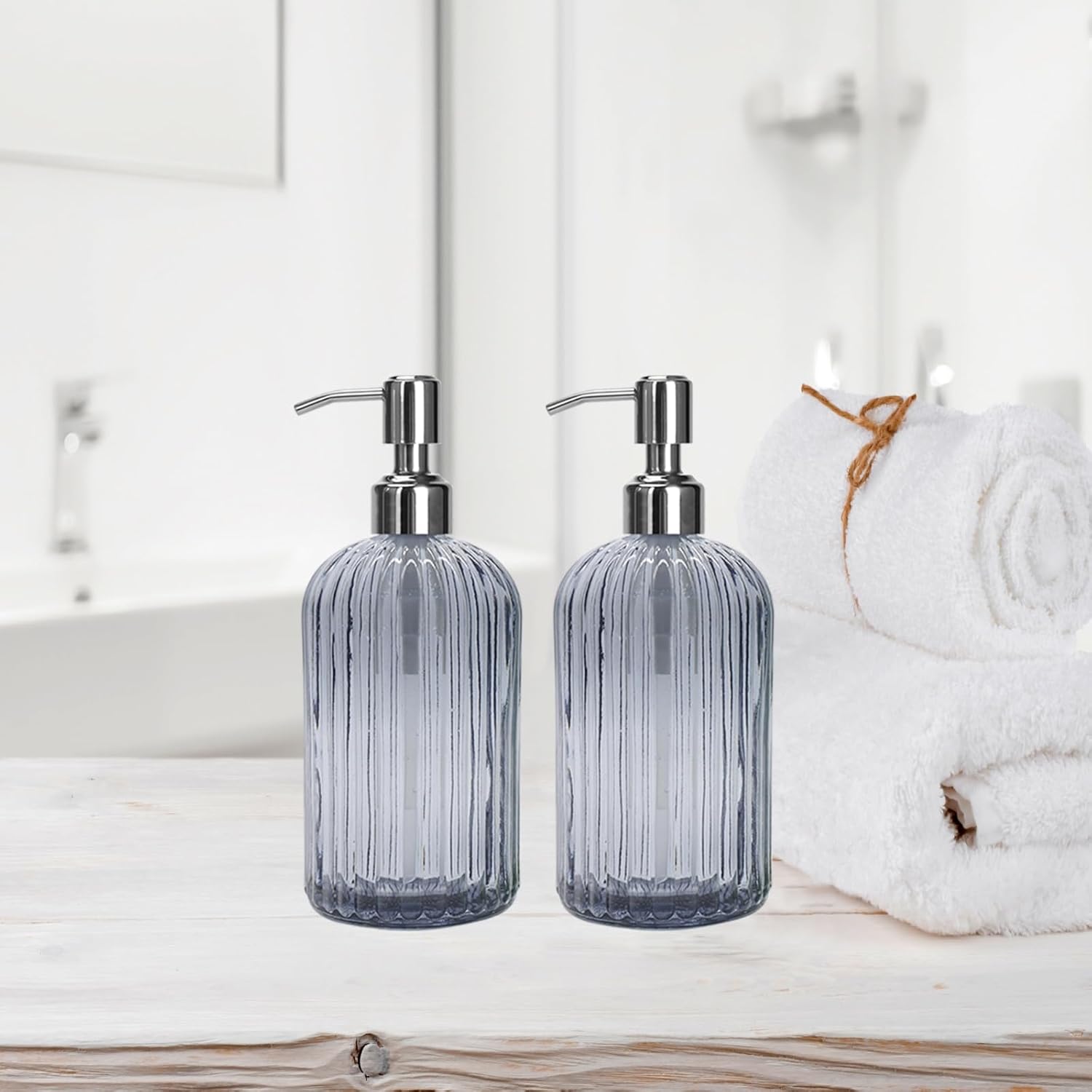 Grey Glass Soap Dispenser 18 oz, 2 Pack Hand Dish Soap Dispensers Bathroom with Stainless Steel Pump, Refillable Kitchen Liquid Decorative Bottles for Hand Sanitizer, Lotion