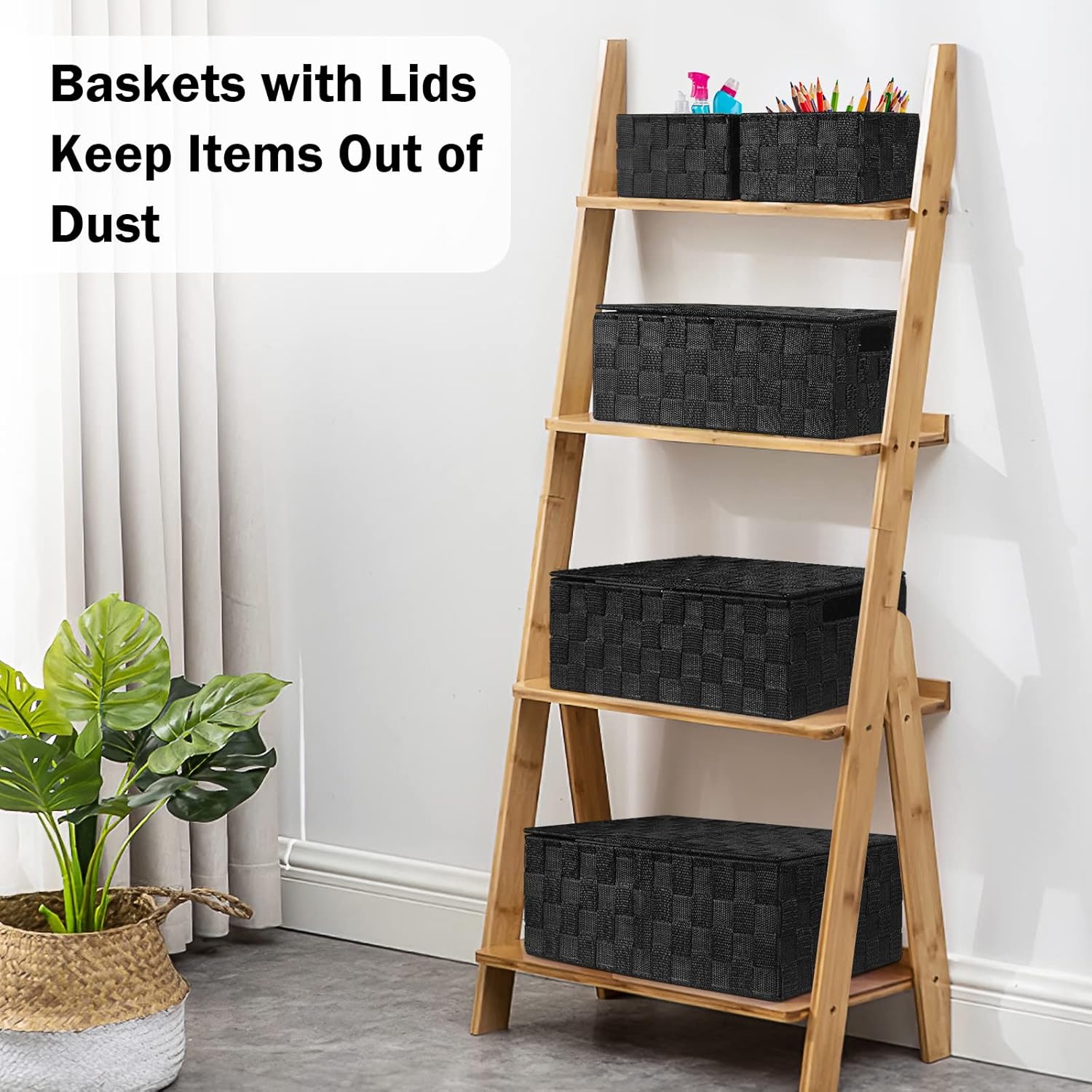Storage Bins Baskets for Organizing with Lids, Storage Baskets for Shelves Stackable Woven Basket, Gift Small Basket Storage Cubes, Decorative Wicker Basket with Built-in Handles (5 Pack, Black)