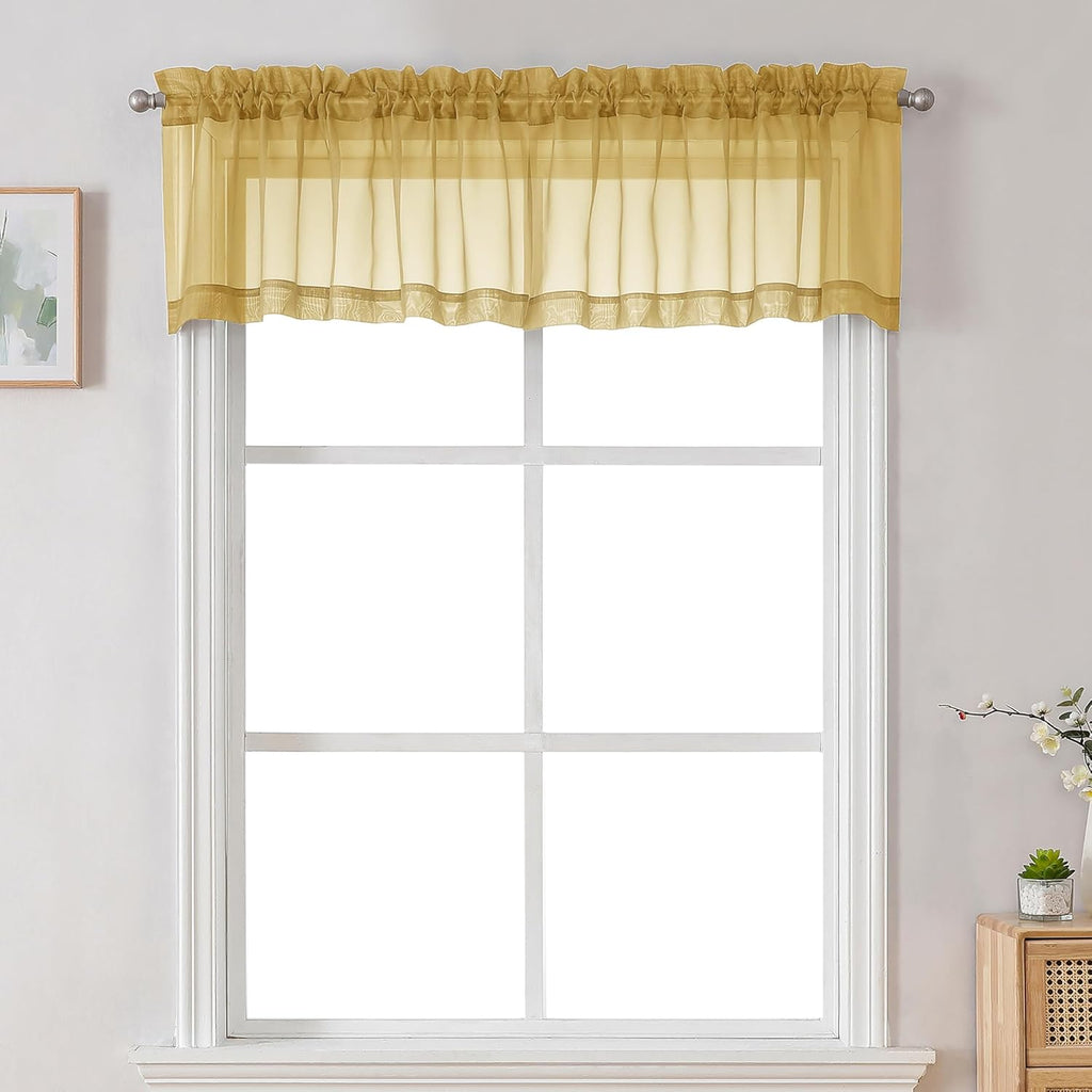 Chyhomenyc Sheer Valances for Windows 2 Pack, Small Window Curtains for Living Room Bathroom Cafe Laundry Basement, Modern Top Dual Rod Pocket Voile Curtain, 42W x 18L inches, Gold