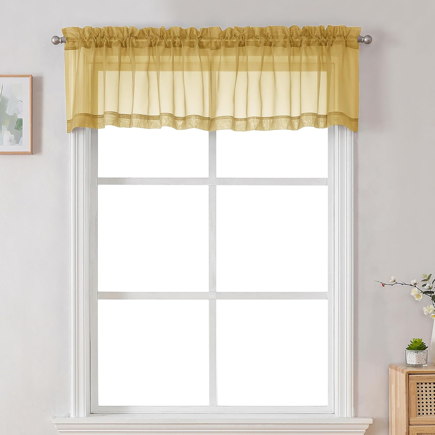 Chyhomenyc Sheer Valances for Windows 2 Pack, Small Window Curtains for Living Room Bathroom Cafe Laundry Basement, Modern Top Dual Rod Pocket Voile Curtain, 42W x 18L inches, Gold