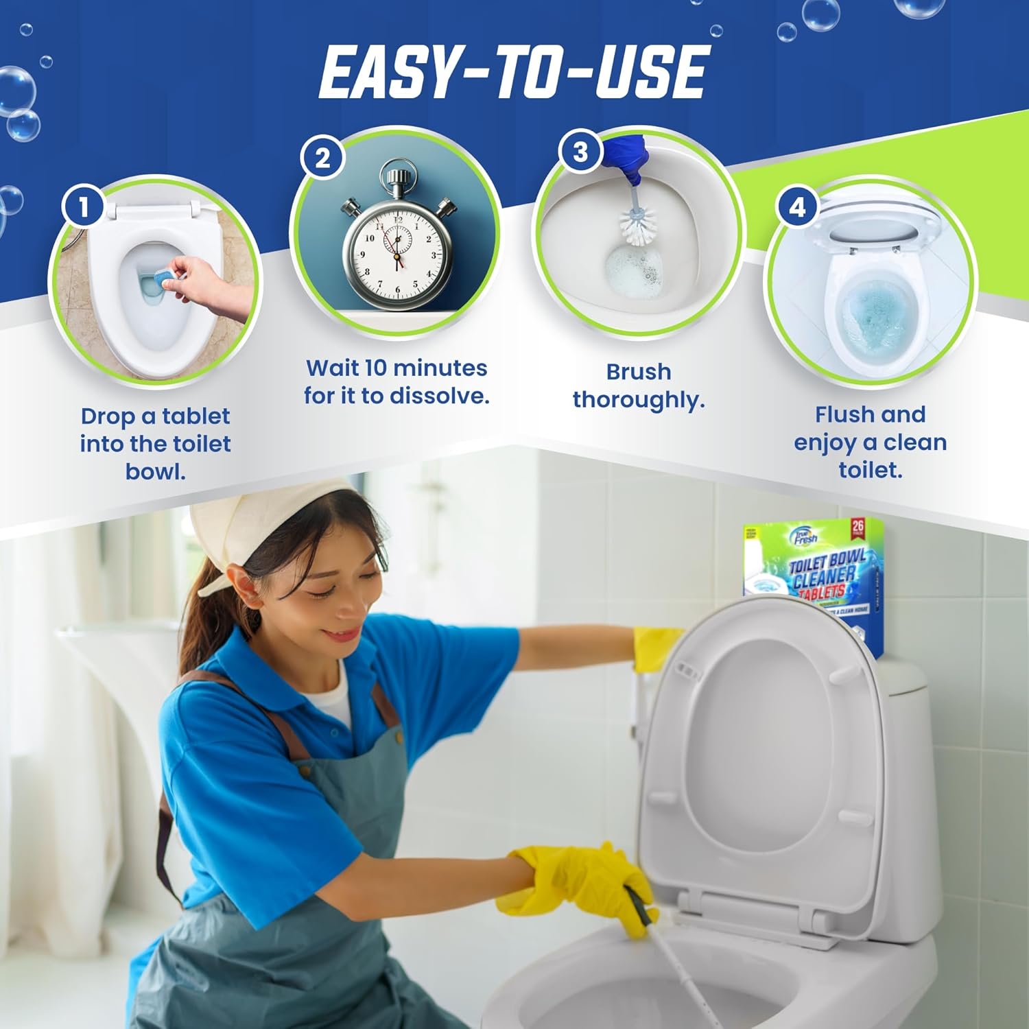 True Fresh Toilet Bowl Cleaner Tablets 26 Pack – Deodorizer & Septic Safe – Deep Cleaning, Odor Eliminator, Stain Remover for Long-Lasting Freshness – Fresh Ocean Scent