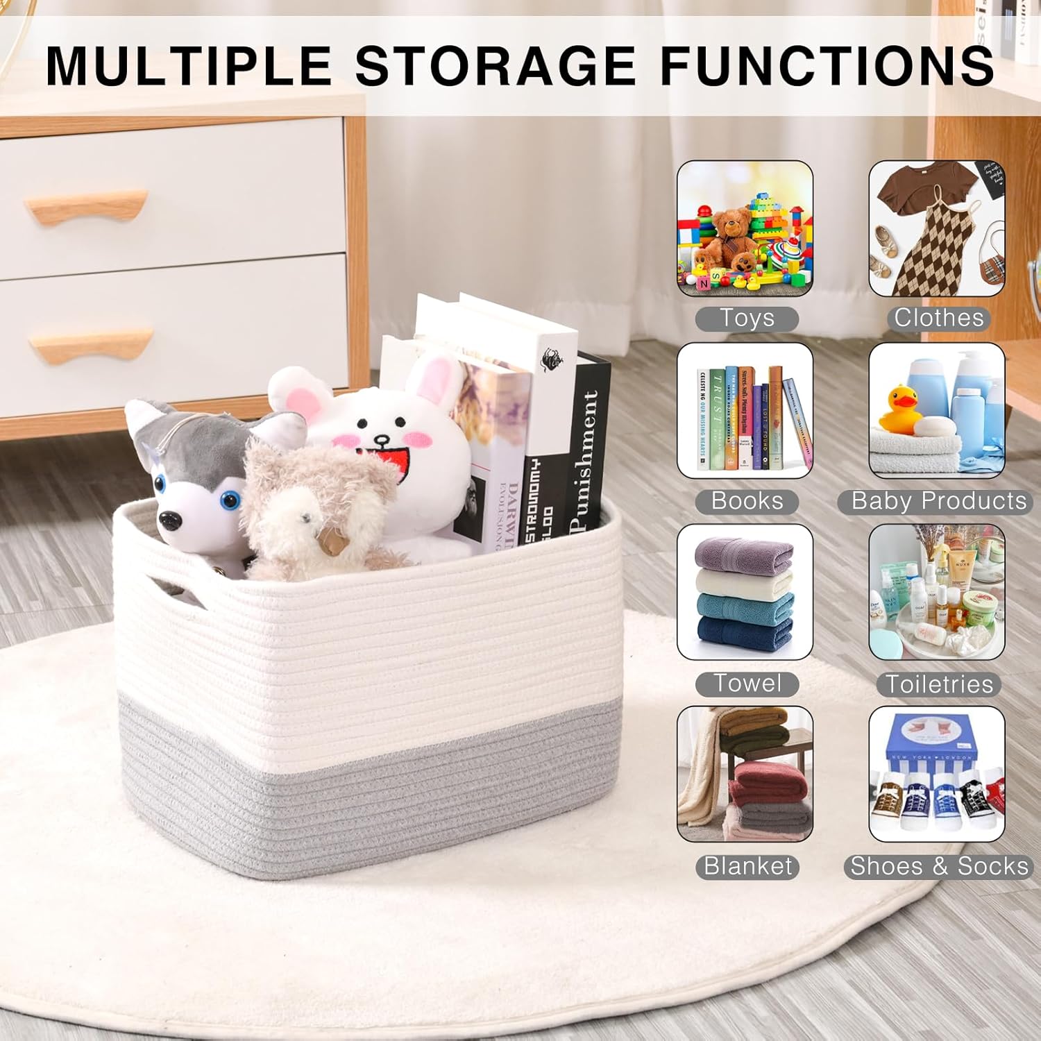 Storage Baskets for Organizing Shelves, Woven Cotton Rope Bins for Baby Nursery Organization, Book Toy Towel Organizer, 15"x11"x9.5", 3 Packs, Off White & Grey