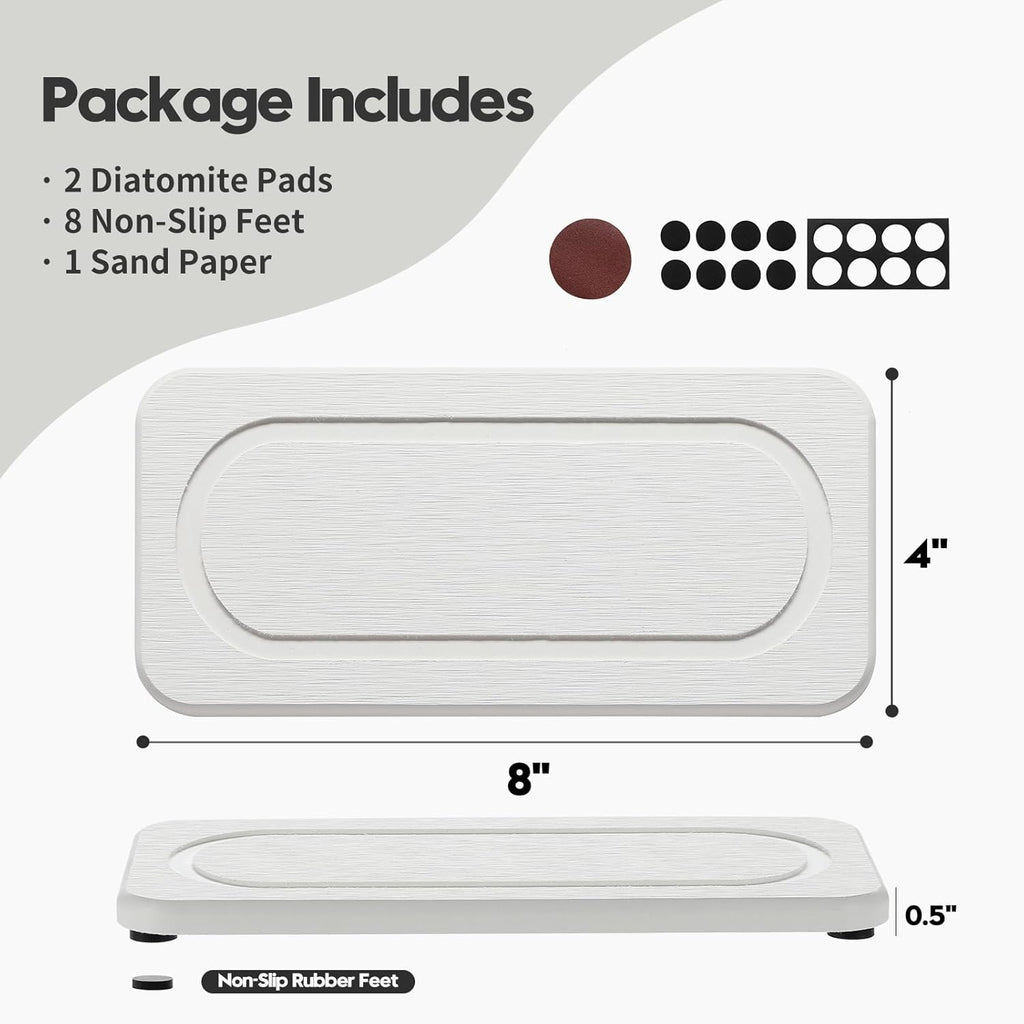 2Pack Water Absorbing Stone Tray for Sink, Diatomite Drying Coasters for Kitchen & Bathroom Counter, Kitchen Soap Dish Makeup Caddy, Dispenser Sponge Holder Space Organizer, White - 8"x 3.8"