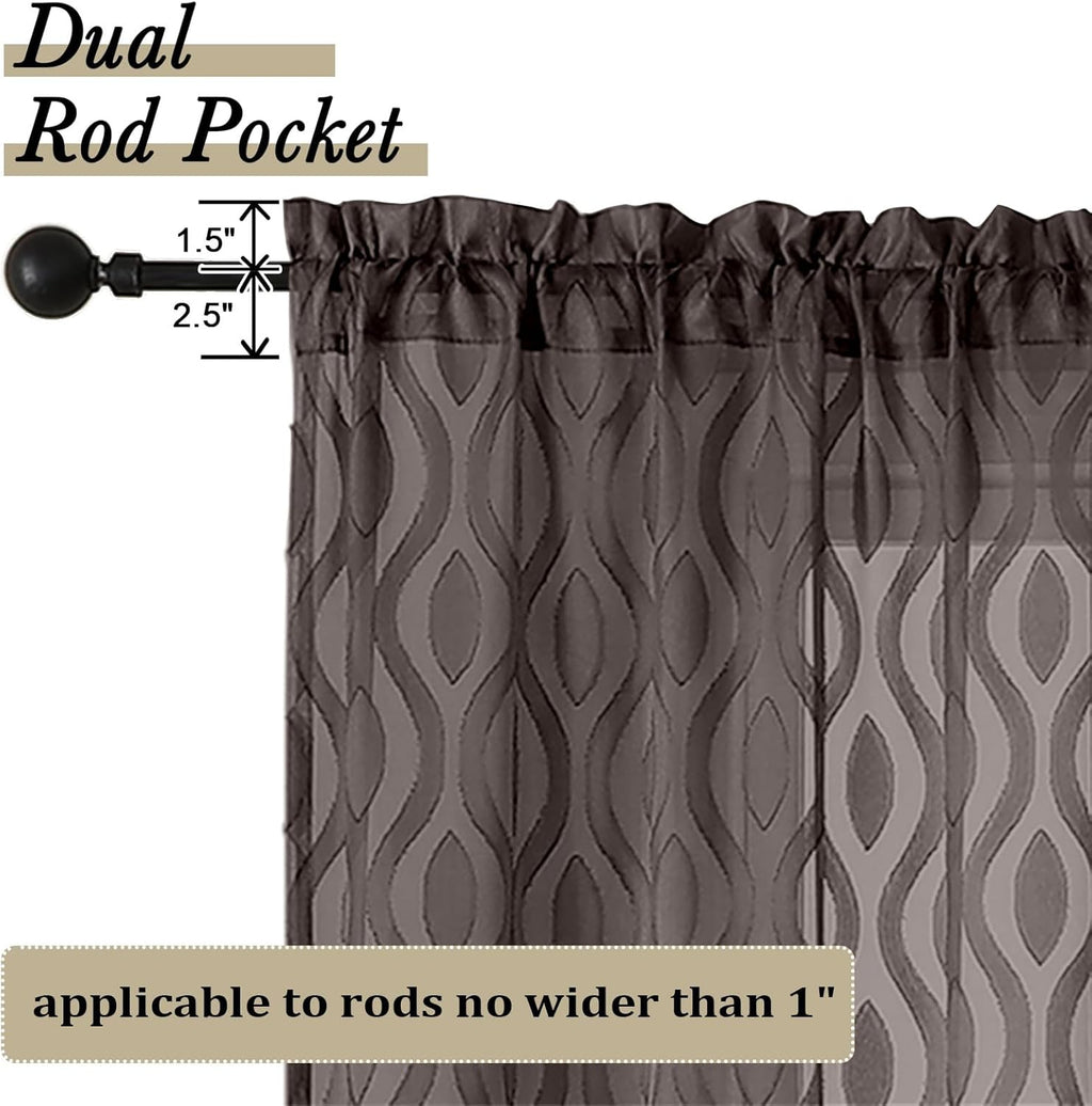 Aiyufeng Sheer Curtains 96 Inches Long for Bedroom and Living Room, 2 Panels, Farmhouse Wavy Line Light Filtering Clip Jacquard Solid, Rod Pocket, Brown, 40" W x 96" L