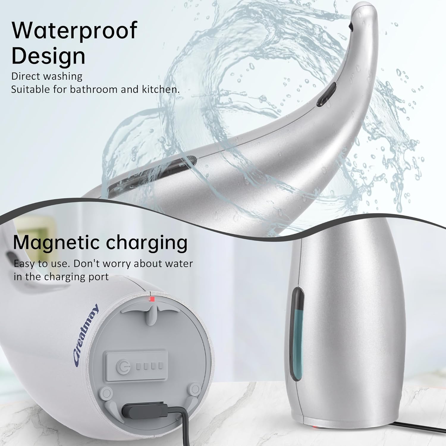 Adjustable Automatic Soap Dispenser Touchless, 4 Adjustable Levels Touchless Sensor Liquid Soap Pump，300ml Rechargeable Magnetic Charging Hand Soap Dispenser for Kitchen，Bathroom