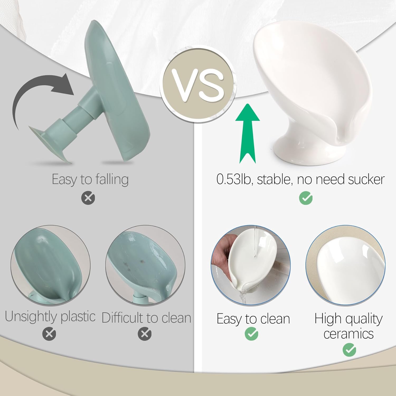 Soap Dish, Self Draining Bar Soap Holder for Bathroom Sink, Leaf-Shaped Drainage Ceramic Cream White Porcelain Decorative Soap Dish, ANTIS'S HOME