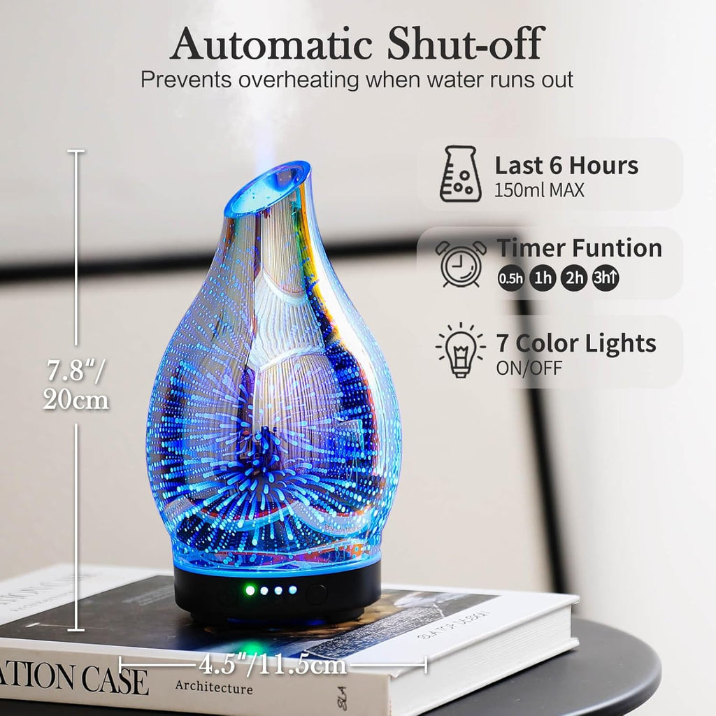 Porseme 150ml Essential Oil Diffuser Glass Color Changing Aroma Air Diffusers Aromatherapy Ultrasonic Cool Mist Humidifier 6 Running Hours Waterless Auto-Off for Sleeping Yoga Office Spa