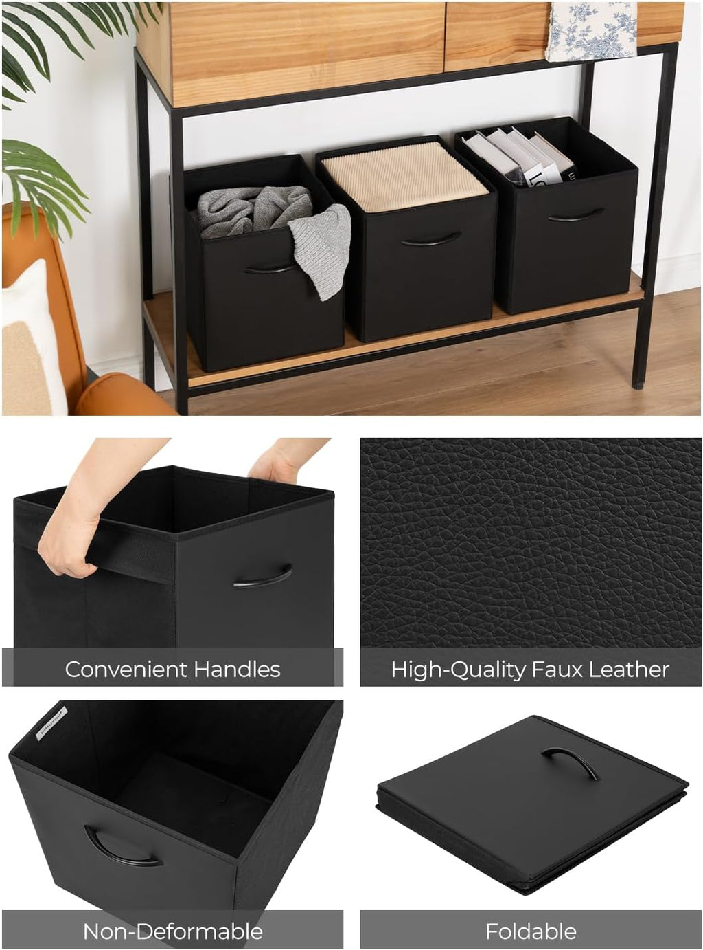 StorageWorks Black Storage Cubes, 11-inch Leather Bins with Handle, Cube Organizer Baskets for Shelves and Closet, Collapsible Storage Bins, 4-Pack