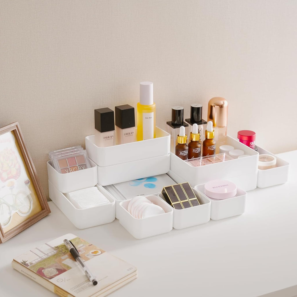 11-Piece Stackable Drawer Organizer Set, Multi-size Desk Drawer Organizer Trays Vanity Storage Bins for Storing Makeup, Stationery, Utensils in Bathroom Dresser, Office and Kitchen