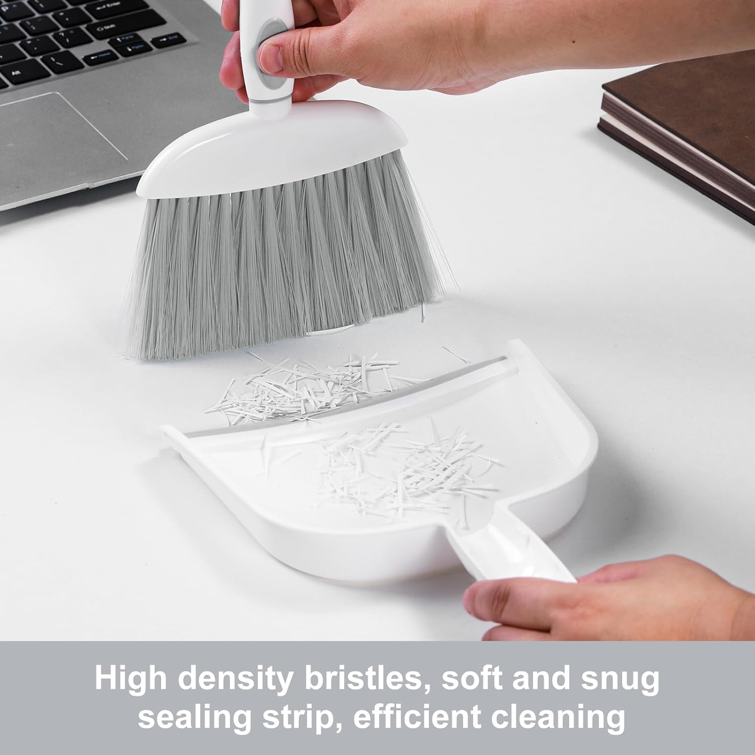 NACENA Small Dust Pan and Brush Set, Mini Broom and Dustpan Set Small Hand Broom and Brush Combo Dust Pan with Teeth for Home Cleaning Drawers Desktop Sofas Pet Care and Outdoor, White & Gray