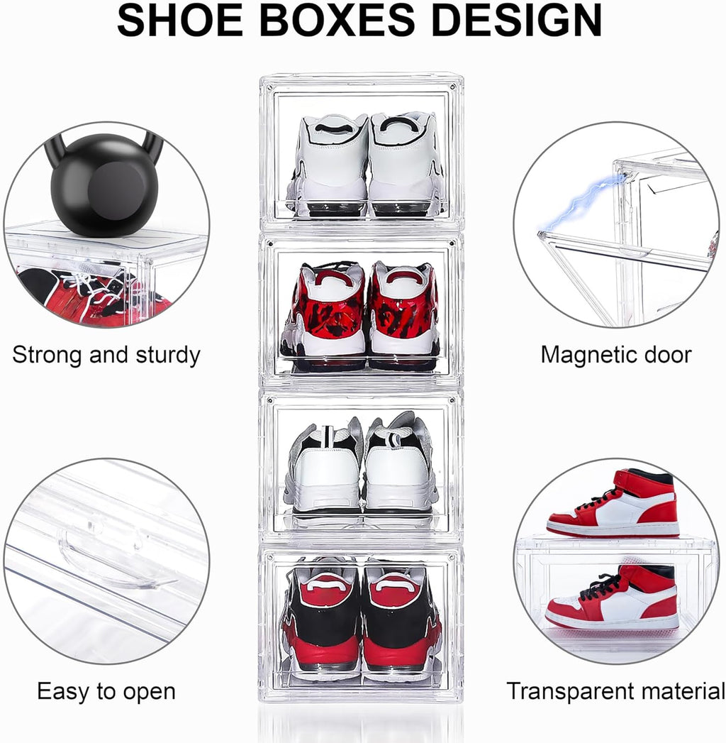 12 Pack Acrylic Shoe Boxes, Ultra Clear Shoe Boxes Stackable, Shoe Storage Box Sneaker Storage for Sneakerhead, Foldable Shoe Organizer with Magnetic Door, Professional Shoe Display Fits US Size 15