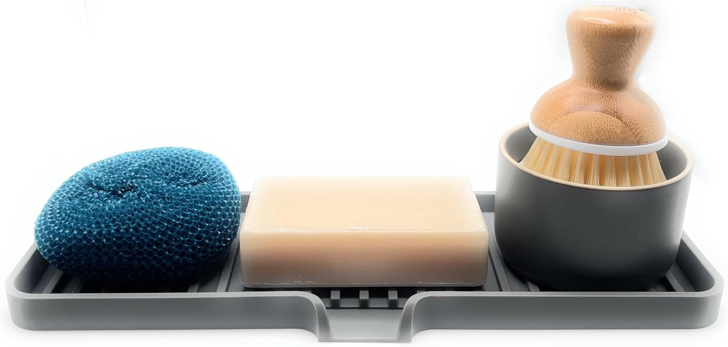 Happitasa Silicone Soap Dish Tray and Sponge Holder with Drain Chute | Bathroom and Kitchen Sink Organizer Caddy (Grey, 12"x4", 7.4 Ounces)