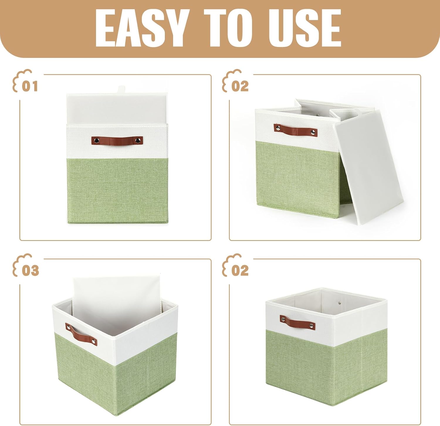 DULLEMELO Fabric Storage Cubes, 12x12 Storage Cube Bins for Organizing, Foldable Storage Baskets Square Cloth Bins for Cube Storage, Cube Organizer for Storage,White&Green