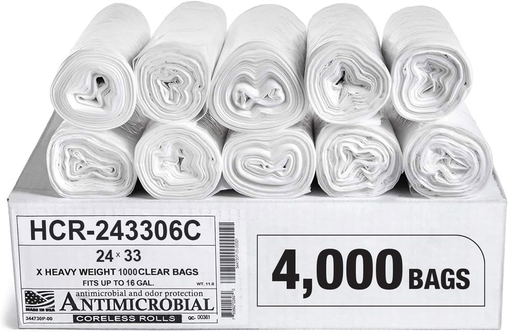 Aluf Plastics High Density Trash Bags, 16 Gallon, 4000 Count, 6 Micron (eq), 24" x 33", Clear, for Bathroom, Office, Industrial, Commercial, Janitorial, Municipal, Recycling